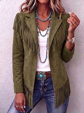 Army Green Elegant Women's Suede Fringe Slim Fit Collar Long Sleeved Jacket